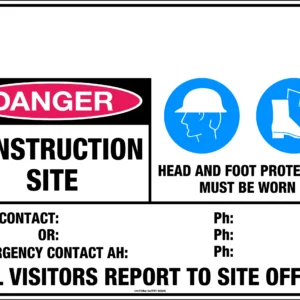 DANGER CONSTRUCTION SITE HEAD AND FOOT PROTECTION MUST BE WORN ETC.