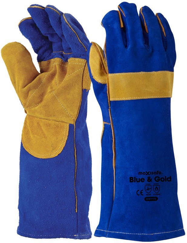 BLUE & GOLD WELDERS GAUNTLET, REINFORCED & CROSS-STITCHED
