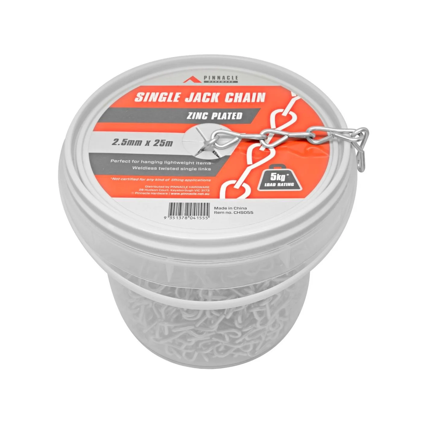 2.5MM X 25M ZINC PLATED SINGLE JACK CHAIN - BULK TUB